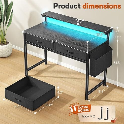 DurayLoly 31.5Inch Office Computer Desk with LED Lights & 2 Fabric Drawers, Gaming Desk with Side Pocket & Ergonomic Monitor Stand, Small Space Study Writing Table with Anti-Tip Design,Black thumbnail 2