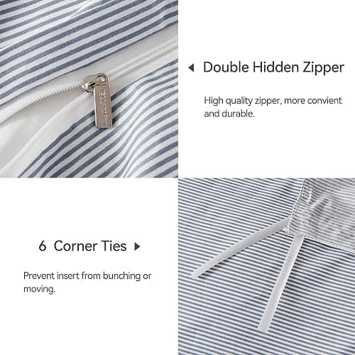 JELLYMONI 100% Natural Cotton 3pcs Striped Duvet Cover Sets,Blue Duvet Cover with Thin White Stripes Pattern Printed Comforter Cover,with Zipper Closure & Corner Ties(Twin Size) thumbnail 5