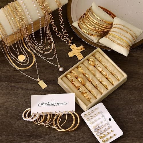 FANDY 137 Pieces Gold Jewelry Set for Women, 12 Necklace, 14 Bracelet, 21 Earrings, 24 Knuckle Rings, 16 hair clips, 50 hair ties  Gold Plated Jewelry set for Women Gift thumbnail 9