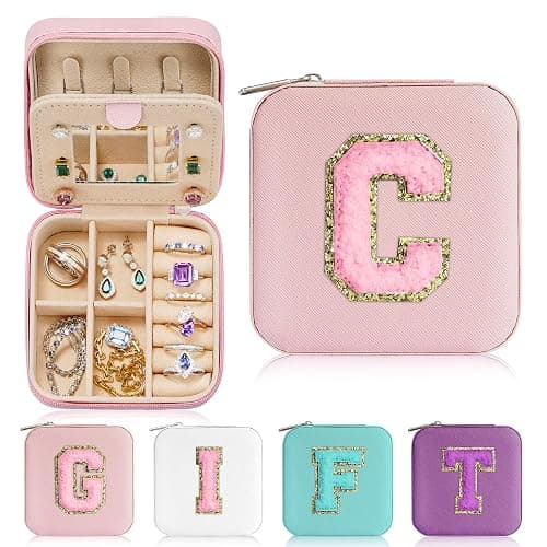 Parima Travel Essentials for Women Jewelry Box, Travel Accessories for Teen Girls Trendy Stuff | Necklace Organizer Earrings Organizer Ring Organizer - Letter C, Pink - Image 1