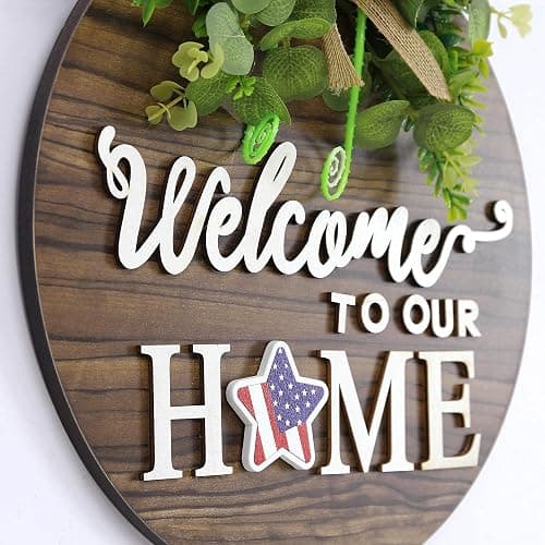 Interchangeable Seasonal Welcome Sign Front Door Decoration, Rustic Round Wood Wreaths Wall Hanging Outdoor, Farmhouse, Porch, for Spring Summer Fall All Seasons Holiday Halloween Christmas. thumbnail 5