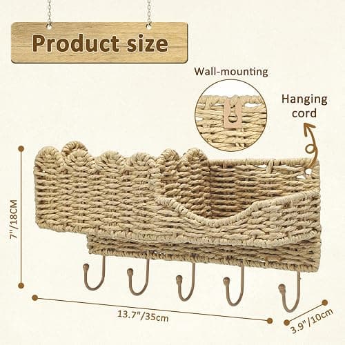 YINGXUN Hook-Woven Wicker Key Holder and Mail Organizer | Natural Paper Rattan Scalloped Wave Design Decorative Wall Mount for Entryway, Living Room, Hallway thumbnail 3