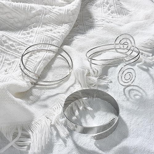 FUNRUN JEWELRY Arm Cuff Upper Arm Band for Women Gold Arm Cuff Bangle Bracelets Adjustable Coil Swirl Armlet ArmBand Jewelry,3-4Pcs - A:Silver tone thumbnail 6