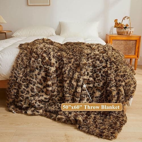 XeGe Luxury Faux Fur Leopard Print Throw Blanket, Soft 50x60 Cheetah Print Fluffy Blanket Throw, Shaggy Plush Decorative Couch Blanket, Cute Furry Animal Throw Fuzzy Blanket for Sofa Bed, Brown - 50"x60" - Cheetah Print Brown thumbnail 2