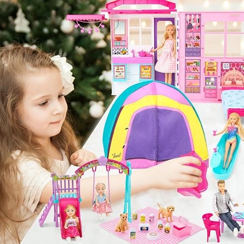 Style Shine Doll House Portable & Foldable Dollhouse w/ 60+ Pcs & 2 Dolls, Play House Toy with Bedroom Kitchen Furniture Camping Playset, Playhouse Gift for Girl Kid Toddler thumbnail 2