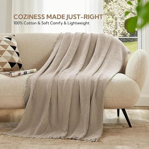 SOULFUL Muslin Throw Blanket with Tassels - Soft King Size Cotton Throw Blanket for Couch or Bed, Lightweight and Breathable Gauze for All Seasons, Light Tan, 108" x 90" thumbnail 7