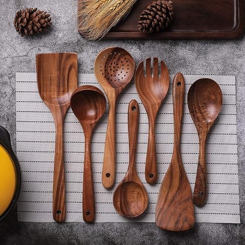 Wooden Non-Stick Kitchen Pan Toolset 7 Pieces Set,100% Natural Teak Kitchen Utensils Spatula, Wooden Cooking Utensils Spoons, Fried Spatula and Salad Fork thumbnail 5
