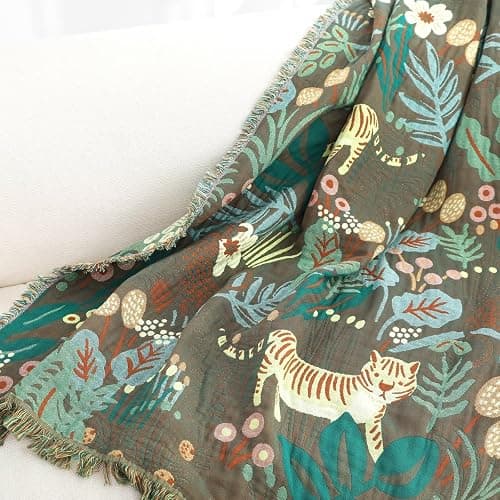 Boho Throw Blanket for Bed 100% Cotton Soft Lightweight Quilt Blanket Twin Forest Tiger Embroidery Home Decor Breathable Bed Blankets,60"×80" All Season Throw for Sofa Couch Chair thumbnail 4