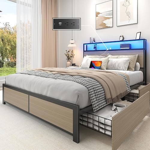 Lifezone Full Bed Frame with 2-Tier Storage Headboard, Metal Platform Bed Frame with 4 Storage Drawers, Built in Charging Station & LED, Noise-Free/Metal Support/No Box Spring Needed, Beige - Image 1