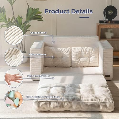 MAXYOYO Convertible Sofa Bed, Pull Out Loveseat Sofa Couch | 2 in 1 Folding Couch Bed, Fold Out Floor Couch with Pillows for Living Room Bedroom Lounge, Beige thumbnail 6