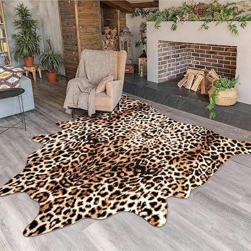 Pettop Luxury Faux Leopard Print Rug 4.6x5.2 Ft - Western Cheetah Area Rugs for Living Room, Bedroom, Farmhouse - Premium Western Faux Fur Carpet, Non-Slip Animal Hide Throw Rugs, Dark Brown thumbnail 2