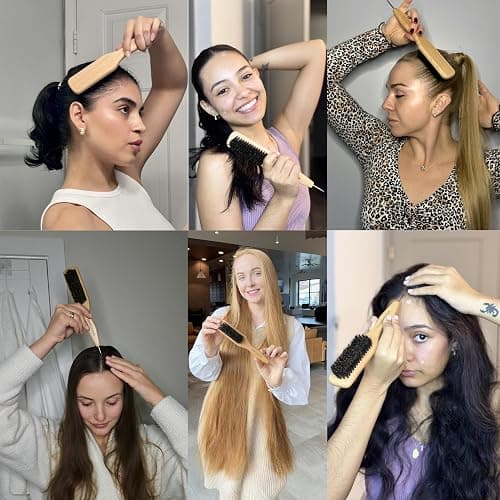 GranNaturals Smoothing & Styling Middle Part Boar Bristle Slick Back Hair Brush w/Narrow Metal Rat Tail End for Sectioning and Parting Sleek Ponytail Bun - Teasing, Backcombing, Edge Control thumbnail 8