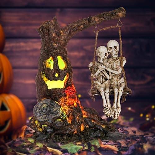 Halloween Skull Statue with Spooky LED Light for Home Indoor Decorations | Halloween Decor with Romantic Skeleton Couple on Swing Dead Tree, Resin Skull Party Centerpieces Holiday Collectible Gift thumbnail 7