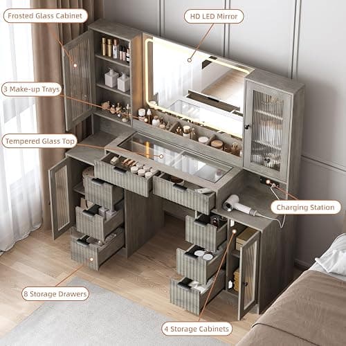 ANYMAPLE Fluted Vanity Desk with Mirror & Lights | 8 Drawers & 4 Cabinets, Tempered Glass Top, RGB Cabinet Lighting, 3-Color Dimmable Mirror, Charging Station thumbnail 3