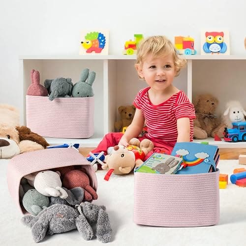 Cotton Rope storage Basket Bins Woven Basket for Organizing Shelves 15X10X9.3" Rectangle Decorative Baskets For storage Clothes Toys Books Towels Nursery basket organizer 3 pack light pink thumbnail 6