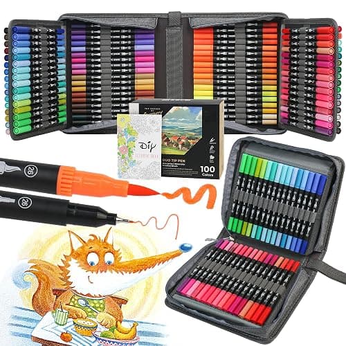 ZSCM 100 Colors Markers for Adult Coloring Books No Bleeding - Duo Tip Brush Pen, Artist Fine & Brush Coloring Markers for Adult Calligraphy, Drawing, Sketching & Journaling - Image 1