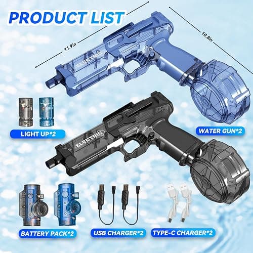2 Pack Electric Water Guns with Light Up,Full Automatic Electric Squirt Gun 28-32 FT Range Water Pistol Blaster Soaker,Summer Outdoor Pool,Water Toy for Adult&Kid thumbnail 2