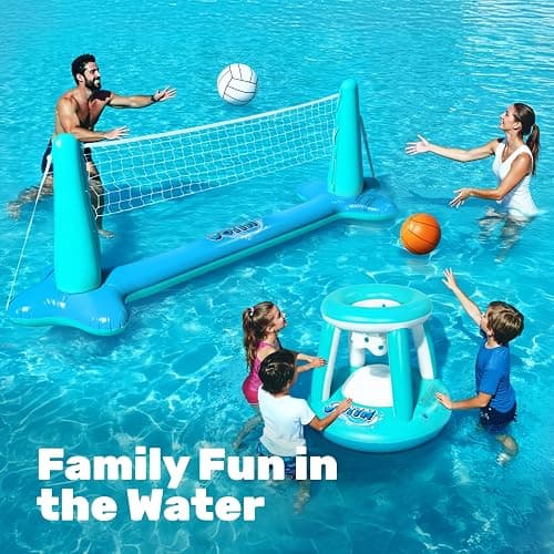 JOYIN Inflatable Pool Float Set Volleyball Net & Basketball Hoops, Floating Swimming Game Toy for Kids and Adults, Summer Floaties, Volleyball Court (105”x28”x35”)|Basketball (27”x23”x27”),L-Blue thumbnail 4
