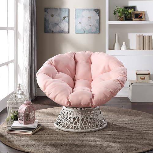 OSP Home Furnishings Wicker Papasan Chair with 360-Degree Swivel, Cream Frame with Pink Cushion thumbnail 5