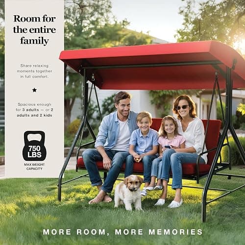 Porch Swing - 3-Seat Patio Outdoor Swing with Canopy for Adultes, Convertible Glider Bed, Thick Removable Cushions & Pillows for Backyard, Porch, Garden - Burgundy thumbnail 4