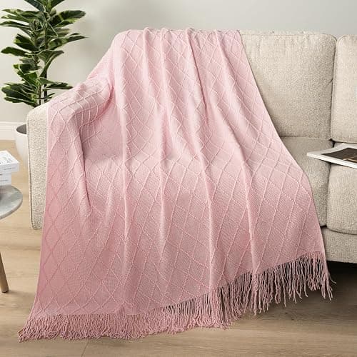 PAVILIA Light Pink Knit Throw Blanket, Soft Knitted Farmhouse, 50x60 | Lightweight Decorative Summer Fall Throw, Outdoor Textured Boho Blanket, For Couch Bed Sofa Chair Living Room Bedroom thumbnail 2