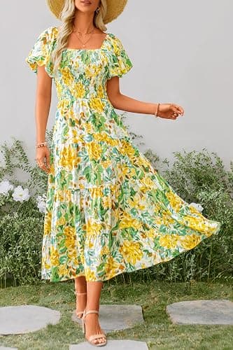 PRETTYGARDEN Women's Smocked Midi Wedding Guest Dress | Puff Short Sleeve, Square Neck A Line, Tiered Ruffle Hem, Long Dresses, Beach Vacation, Cocktail Party, Summer Outfits thumbnail 5