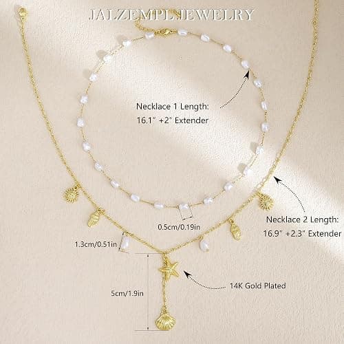 Shell Charm Necklace For Women Stack Seashell Pearl Dainty Starfish Beach Layered 14k Gold Plated Pendant Summer Boho Jewelry Gifts thumbnail 2