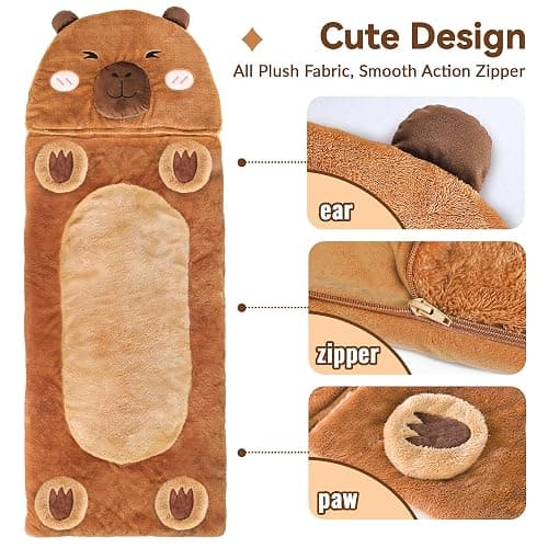 iPlay, iLearn Kid Sleeping Bag, Plush Capybara Slumber Bag, Toddler Girl Boy Nap Mat, 2 In 1 Brown Animal Pillow, Happy Travel Sleepover Daycare Preschool Birthday Gift for Age 3 4 5 6 7 8 10 12 Child thumbnail 6