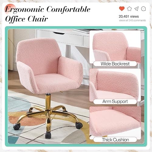 Homedraft Faux Fur 360°Swivel Desk Chair, Height Adjustable Home Office Armchair with Gold Base for Teens Women Girls, Upholstery Computer Chair for Home Studios, Sherpa & Light Pink thumbnail 4
