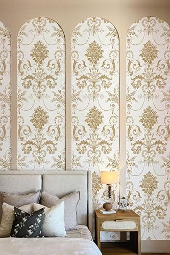 EchoSphere 17.3" X 118" Damask Floral Peel and Stick Wallpaper Boho Gold Flower Contact Paper Gold and White Damascus Wallpaper Removable Self Adhesive Decorative Wall Paper for Bedroom Vinyl Roll thumbnail 3