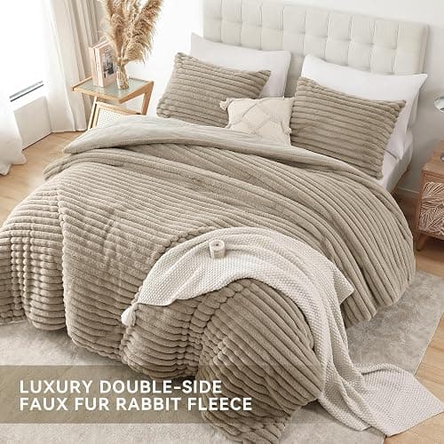 Smoofy Fluffy King Size Comforter Set 3 Pieces - Linen Fleece Fluffy Comforter Set, Luxury Fuzzy King Bedding Set, Soft King Bed Set All Season, Heavy Faux Fur Comforter with 2 Pillow Cases thumbnail 4