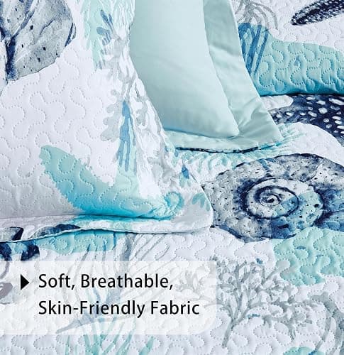 Tritard 3 Piece Coastal Full/Queen Quilt Sets Nautical Reversible Lightweight Bedspread Coverlet with 2 Shams Blue Starfish Conch Beach Microfiber Bedding Quilt Set for All Season, 90''x96'' thumbnail 6