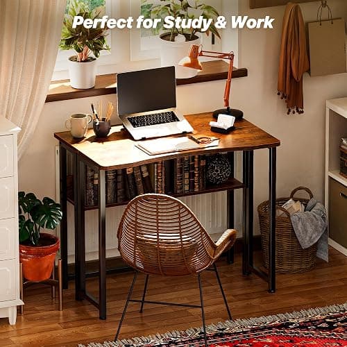 Huuger Folding Desk with Storage Shelf, 31.5 Inch Foldable Computer Table for Small Spaces, Space Saving Sofa Table for Couch, Writing Work Office Computer Desk, Easy to Fold, Rustic Brown thumbnail 8