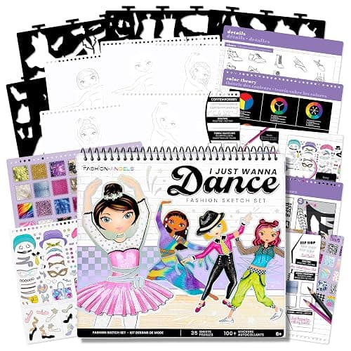 Fashion Angels I Just Wanna Dance Fashion Sketch Set, Create Dance-Themed Outfits with 35 Sketch Pages, 100+ Stickers & Stencils, Fun Craft Kit for Kids - Image 1