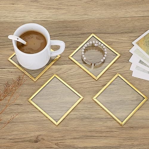 JuxYes Set of 7 Glass Coasters with Holder, Gold Elegant Cup Coasters for Coffee, Tea, Wine - Square Brass Edge Glass Mats for Coffee Table thumbnail 2
