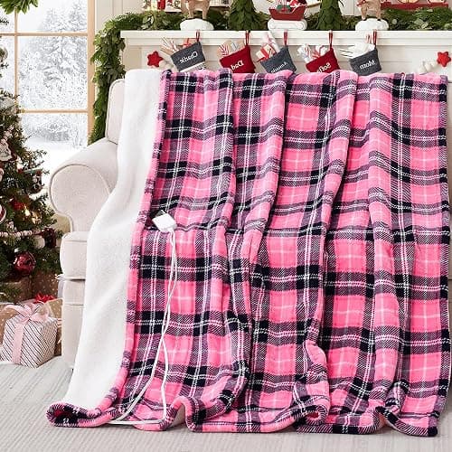 PTQ Electric Heated Blanket 50"x60",Fast Heated Throw with 8 Hours Auto Off/8 Heats Levels,Soft Pink Plaid Sherpa Electric Blanket with ETL Certification & Over-Heat Protection thumbnail 9