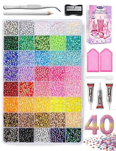 Flatback Rhinestones for Bedazzling Kit with Glue, for Nail Gems and Charms | 3mm, 40 Colors, Diamond Art Accessories with B7000 Glue, Nail Art Tools, DIY Crafts, for Phone Cases, Tumblers & Clothes - Image 1