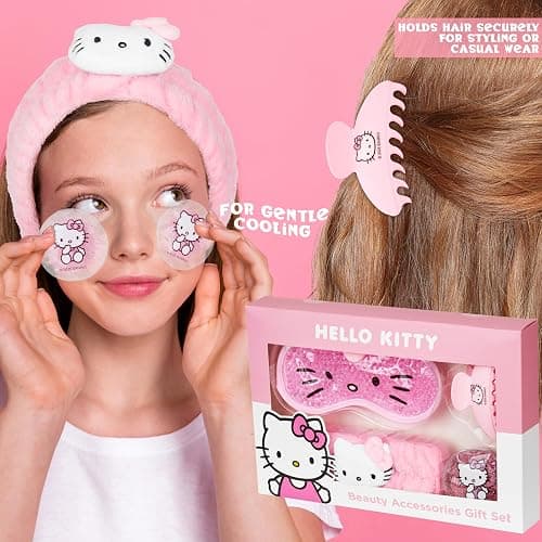 Hello Kitty Sanrio Beauty Set for Women, Teens with Cooling Gel Eye Mask, Plush Skincare Headband, Claw Clip, Eye Pads, Kawaii Gifts for Women (Pink Hello Kitty) thumbnail 3