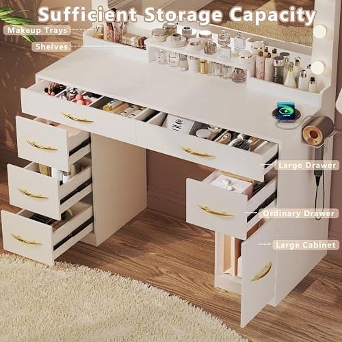 HUAHUU Makeup Vanity Desk with Lights, Vanity Desk with Large Mirror, White Vanity with Outlets Large Drawers & Storage, 3 Lighting Color Adjustable, Bedroom Dressing Table thumbnail 3