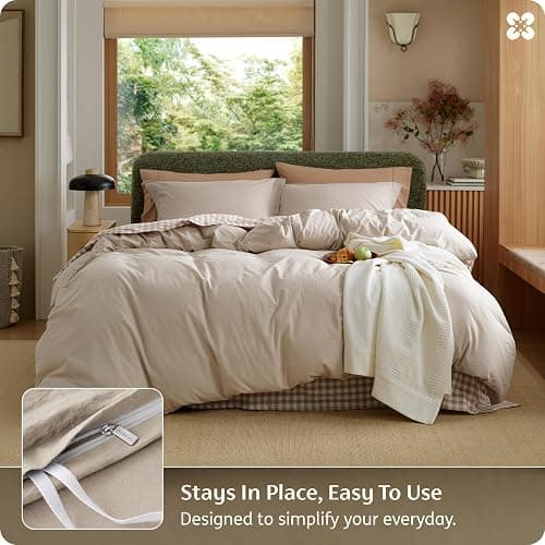 Bedsure 100% Washed Cotton Duvet Cover Queen Size - Oatmeal Minimalist Bedding Set Linen Like - PureWoven Plain Simple & Soft Comforter Cover for All Seasons (Oatmeal, Queen, 90"x90") thumbnail 4