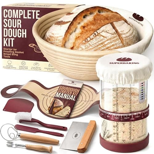 Superbaking Sourdough Starter Kit, 9" Splinter-Free Banneton Bread Proofing Basket Set with Non-Stick Silicone Dough Sling & Glass Starter Jar Kit, Sourdough Bread Baking Supplies, Sourdough Tools - Image 1