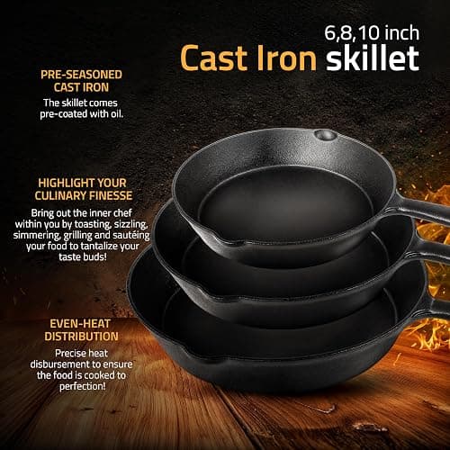 Utopia Kitchen Cast iron Skillets 3 Piece Set, Chefs Pan, Pre Seasoned Cast iron Skillets, 6, 8 & 10 Inches, Easy Use in the Oven, Stove, Grill, or Campfire, Black thumbnail 3