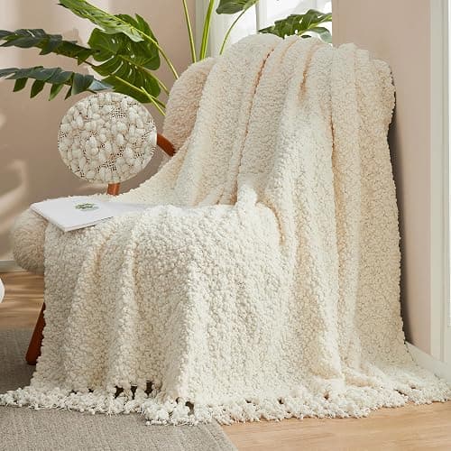 Amélie Home Knit Throw Blanket with Tassels for Couch, Luxury Boho Throw Blanket for Summer Ivory, 50"x60" - Image 1
