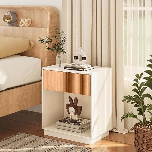 Fluted Nightstands Set of 2, Modern Bedside Table with Drawer and Storage Shelf, Wood End Table Mid Century Night Stands for Bedroom Living Room Sofa Couch Office (White+Oak) thumbnail 3