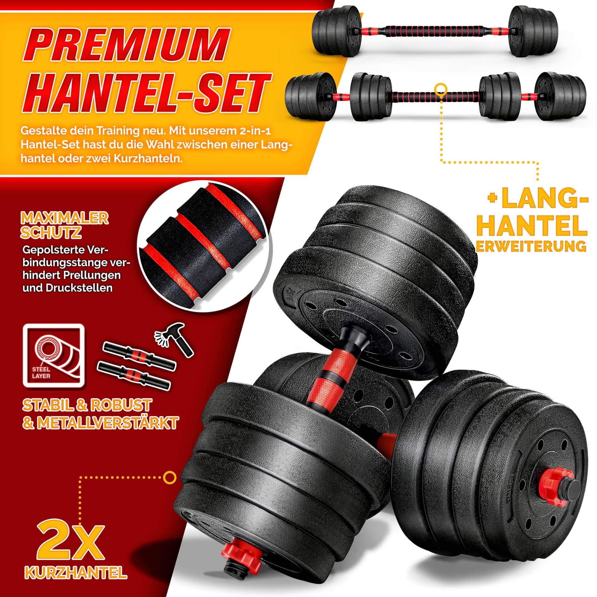 2-in-1 halterset, 15-40 kg, verstelbare halterset, korte halter en lange halter, stersluitingen en verbindingsbuis thumbnail 2