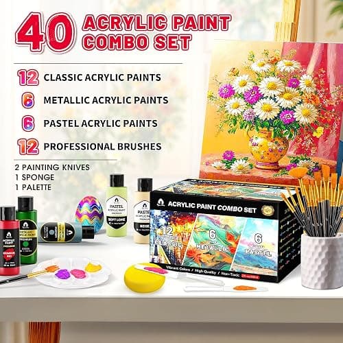 40 Pcs Classic & Metallic & Pastel Acrylic Paint Set with 12 Brushes, 2 Knives & Palette, 24 Colors (2oz/60ml) - for Adults, Kids, Artists & Beginners - Arts and Crafts Painting Kit thumbnail 2