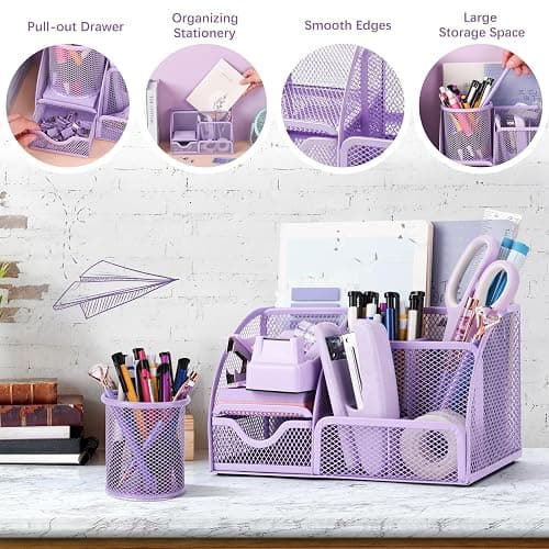 15 Pcs Purple Office Supplies Set Mesh Desk Organizer Accessories Kit Include Stapler Tape Dispenser Staple Remover Clips Ruler Scissors Sticky Notes for Office School Home Women (Purple) thumbnail 5