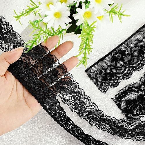 4 Rolls 24 Yards Floral Black Lace Ribbon Stretch Pattern Vintage Wide Tulle Lace Trim for DIY Crafts Sewing Present Wrapping Decoration - Image 1