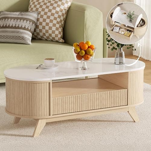 Coffee Table with Storage, Mid Century Modern Center Table for Living Room, Oval Fluted Coffee Table with Hidden Storage Space, Open Shelf & Drawer, Natural Wood - Image 1