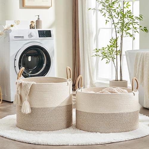 KAKAMAY Large Blanket Basket 20"x13", Cotton Rope Woven Laundry Storage Basket, Baskets for Toy,Stuffed Animal Storage, Dog,Toy Box, Gift Basket for Living Room Nursery Baby Hamper (Beige) thumbnail 6